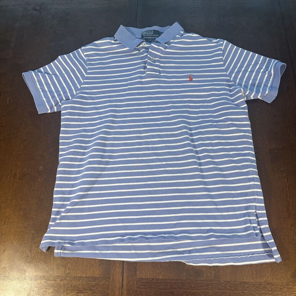Polo Ralph Lauren Men's Size L Custom Fit Blue Striped Short Sleeve Polo Shirt